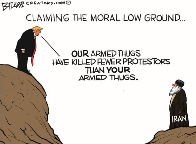 Cartoon skewers “moral comparison” politics in US–Iran clash